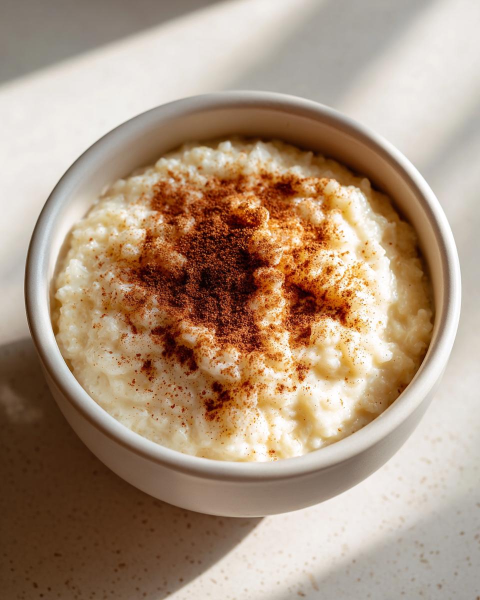 Close-up of a bowl of creamy rice pudding recipe dusted generously with ground cinnamon.
