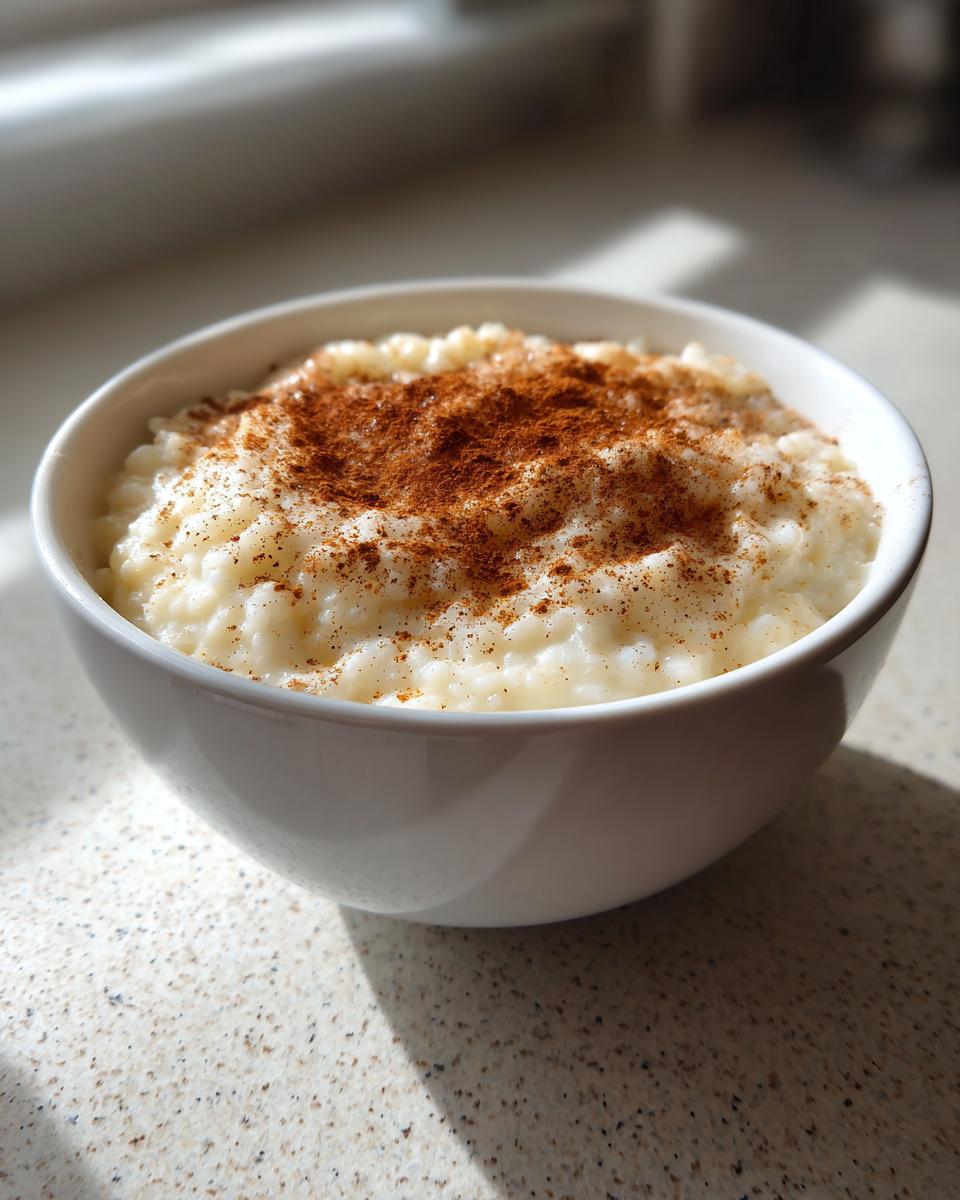 A close-up of a white bowl filled with creamy rice pudding recipe, generously dusted with ground cinnamon.