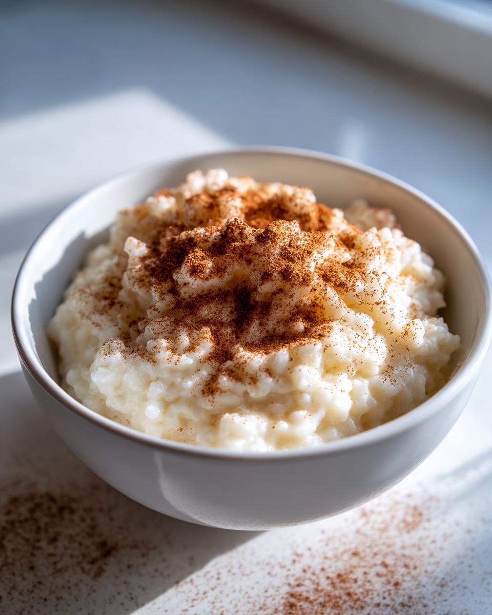 Close-up of a white bowl filled with creamy rice pudding recipe, generously dusted with cinnamon.