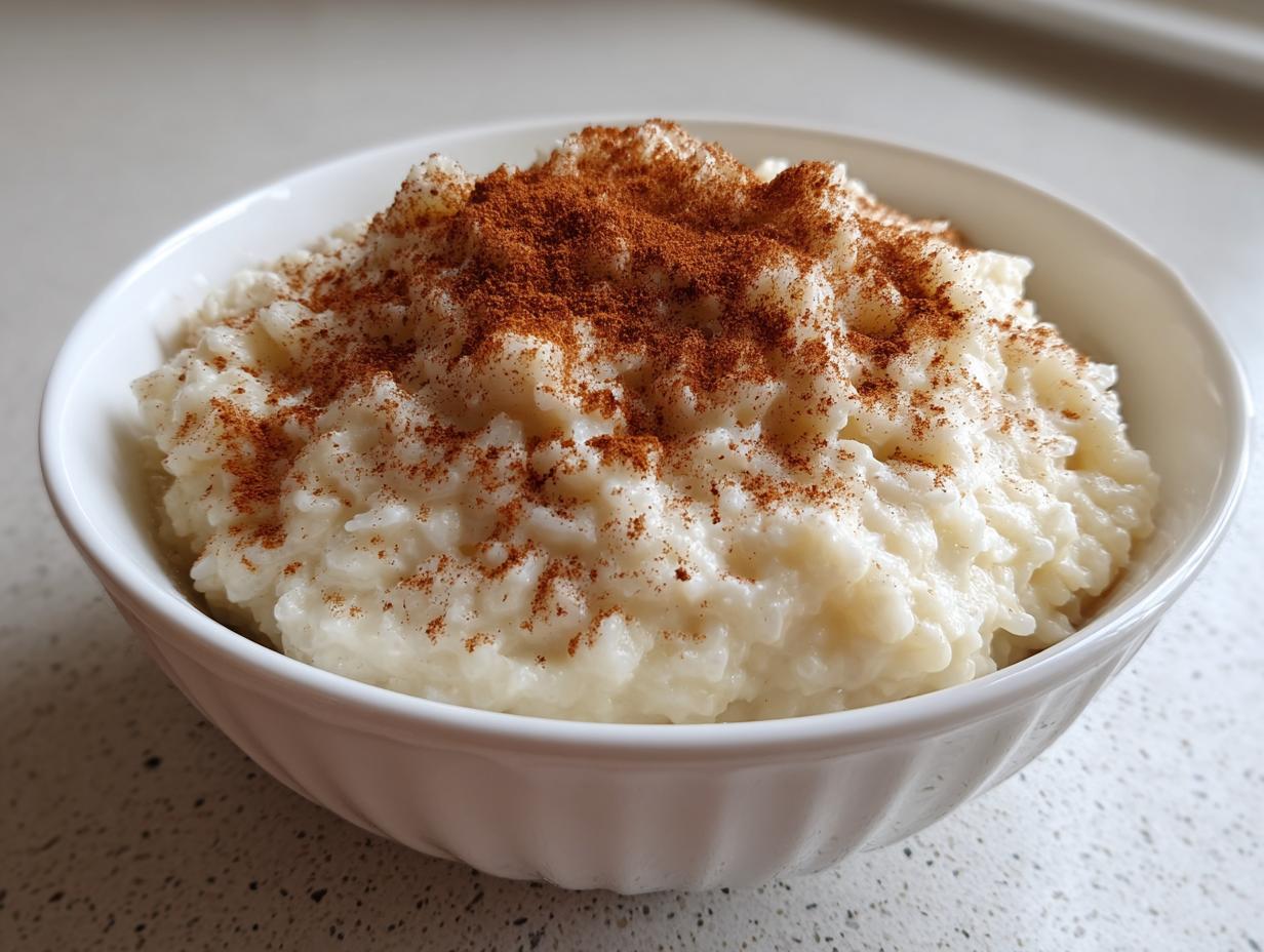 Close-up of a white bowl filled with creamy rice pudding recipe, generously dusted with cinnamon.