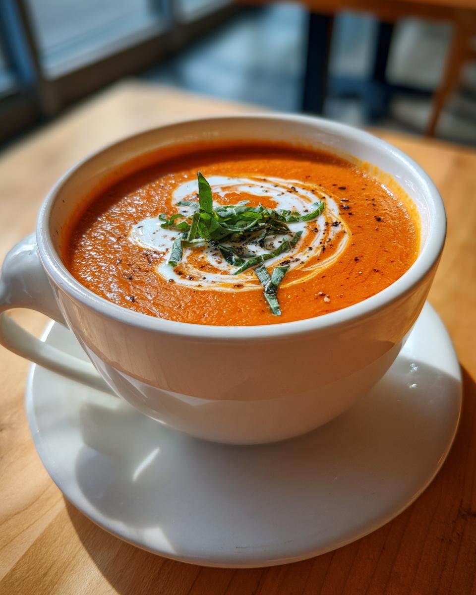 A close-up of a steaming bowl of vibrant orange roasted tomato soup, garnished with cream swirl and fresh basil.