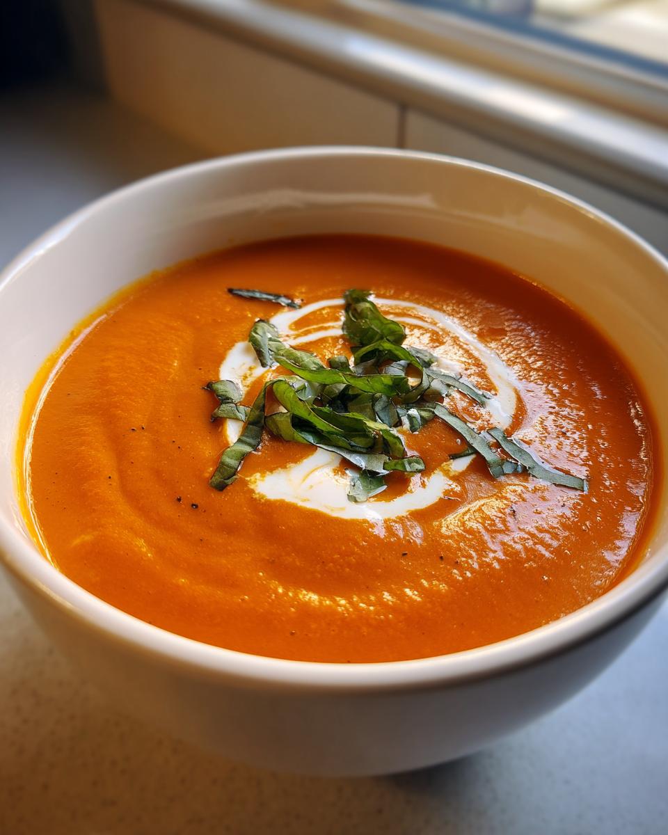 A close-up of a bowl of rich, orange tomato bisque, swirled with cream and topped with fresh basil.