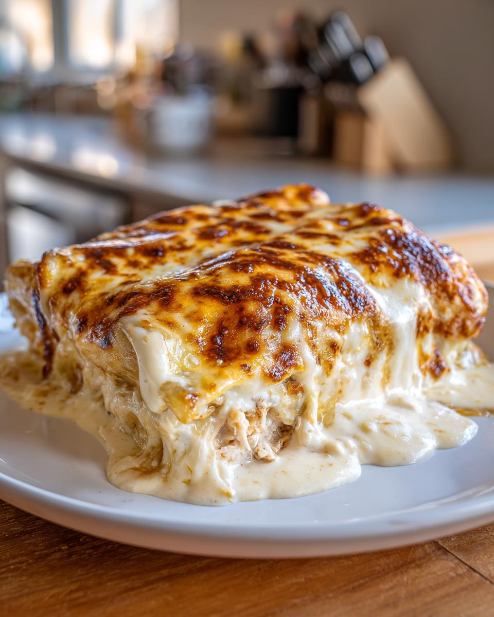Close-up of rich white chicken enchiladas smothered in creamy sauce and bubbly, browned cheese.