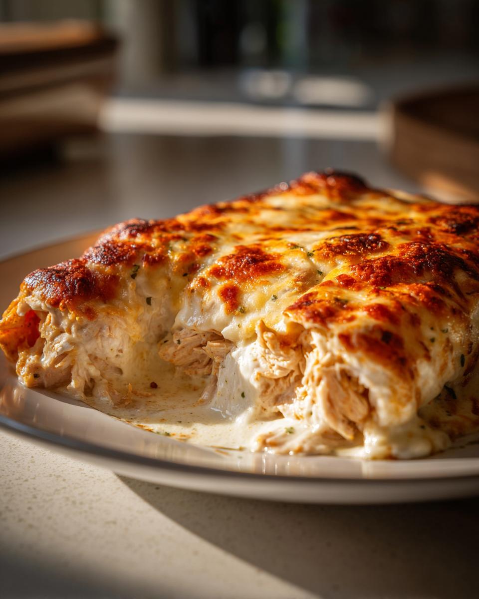 A close-up of baked white chicken enchiladas smothered in melted, bubbly, and browned cheese sauce.