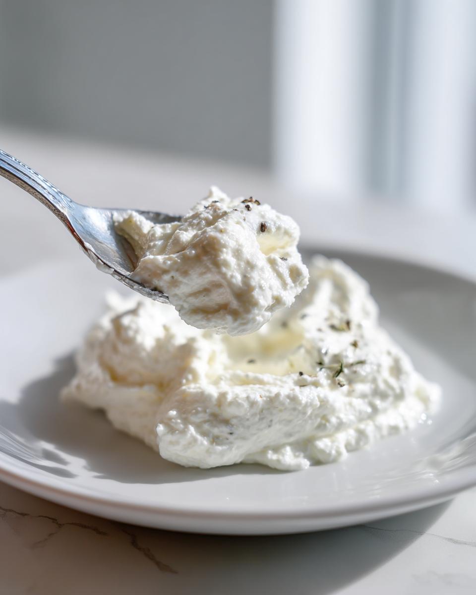 A spoonful of thick, creamy white pizza sauce, likely ricotta-based, being lifted from a dollop on a white plate.