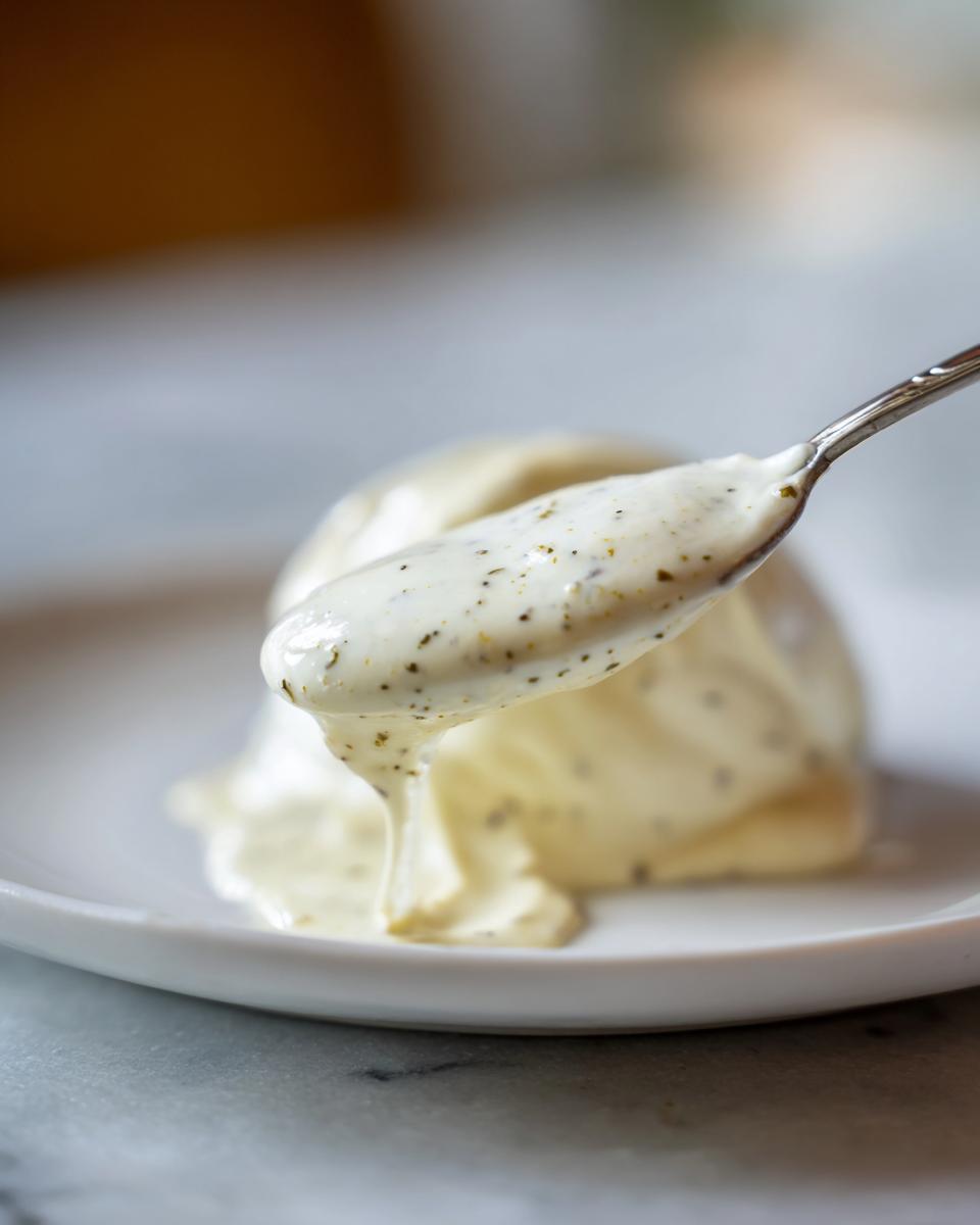 A spoonful of creamy white pizza sauce, speckled with herbs, dripping onto a small white plate.
