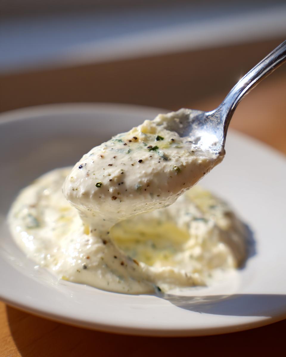 A spoonful of thick, creamy white pizza sauce, speckled with black pepper and green herbs, being lifted from a white plate.