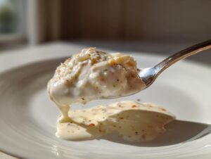 A spoonful of thick, creamy white pizza sauce with visible herbs and spices dripping onto a white plate.