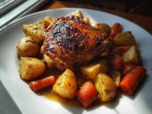 A perfectly cooked braised chicken thigh with crispy, browned skin served alongside roasted potatoes and carrots.