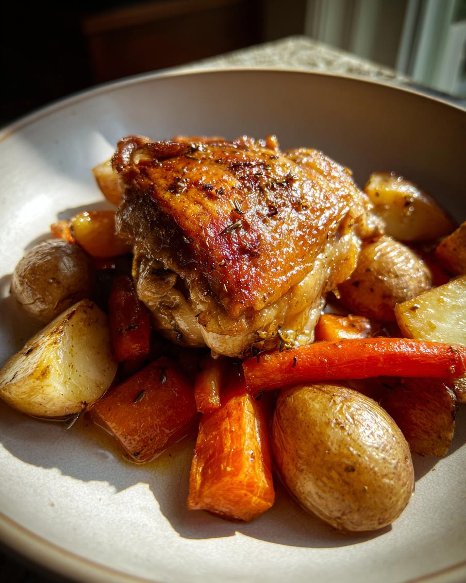A close-up of perfectly cooked braised chicken thighs with crispy skin served over roasted potatoes and carrots.