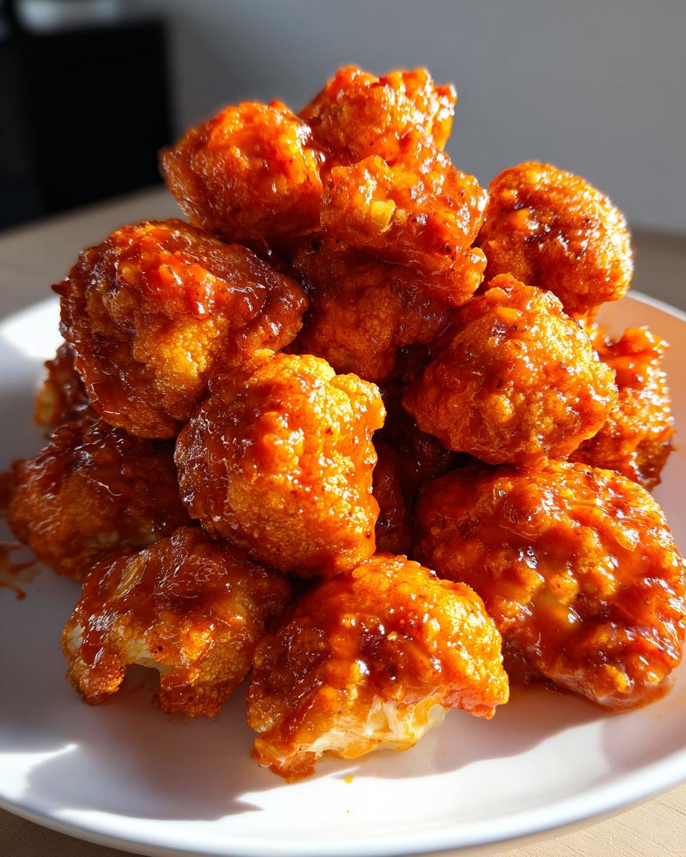 A close-up of a mound of crispy, bright orange buffalo cauliflower pieces piled on a white plate.