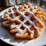 Close-up of a golden brown, crispy funnel cake recipe creation heavily dusted with white powdered sugar on a white plate.