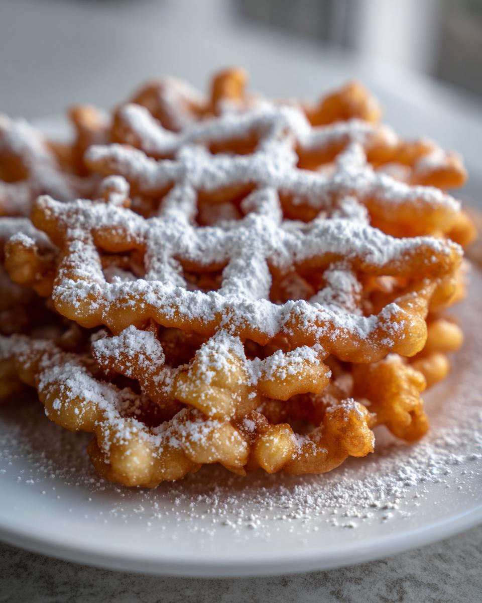 Close-up of a golden brown, crispy funnel cake recipe creation heavily dusted with white powdered sugar on a white plate.