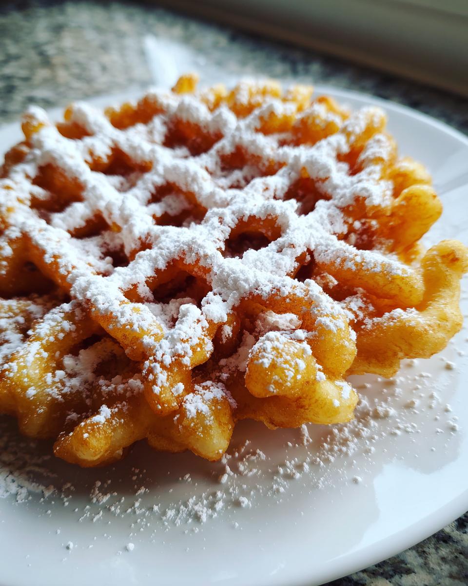 Close-up of a freshly made, golden brown funnel cake recipe generously topped with white powdered sugar on a white plate.