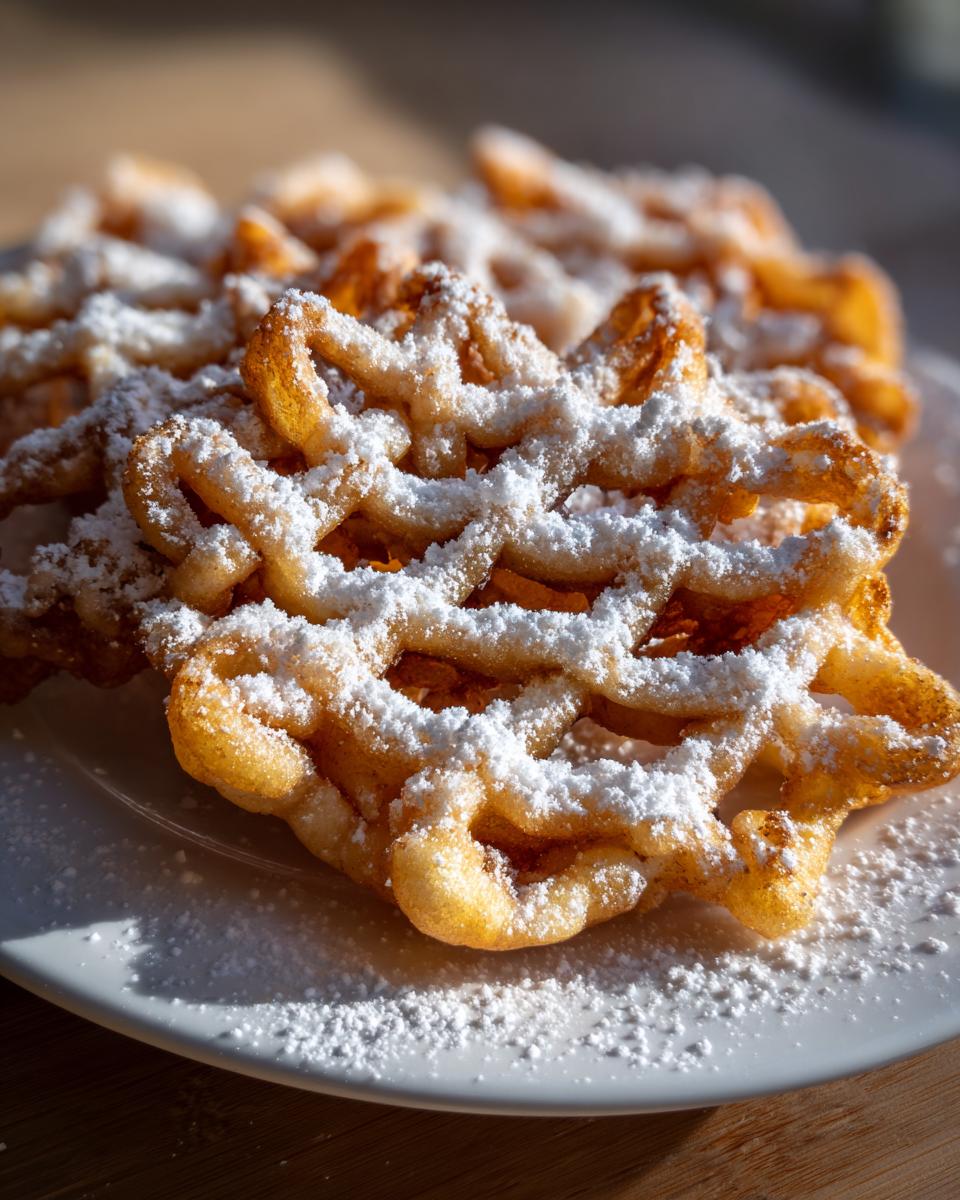Close-up of a golden, crispy funnel cake recipe creation heavily dusted with white powdered sugar on a white plate.