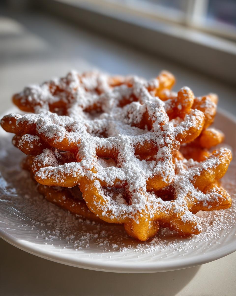A stack of golden brown, crispy funnel cake recipe pieces generously dusted with white powdered sugar on a white plate.