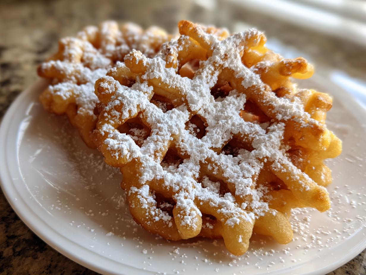 Close-up of two golden, crispy funnel cakes dusted heavily with powdered sugar on a white plate.