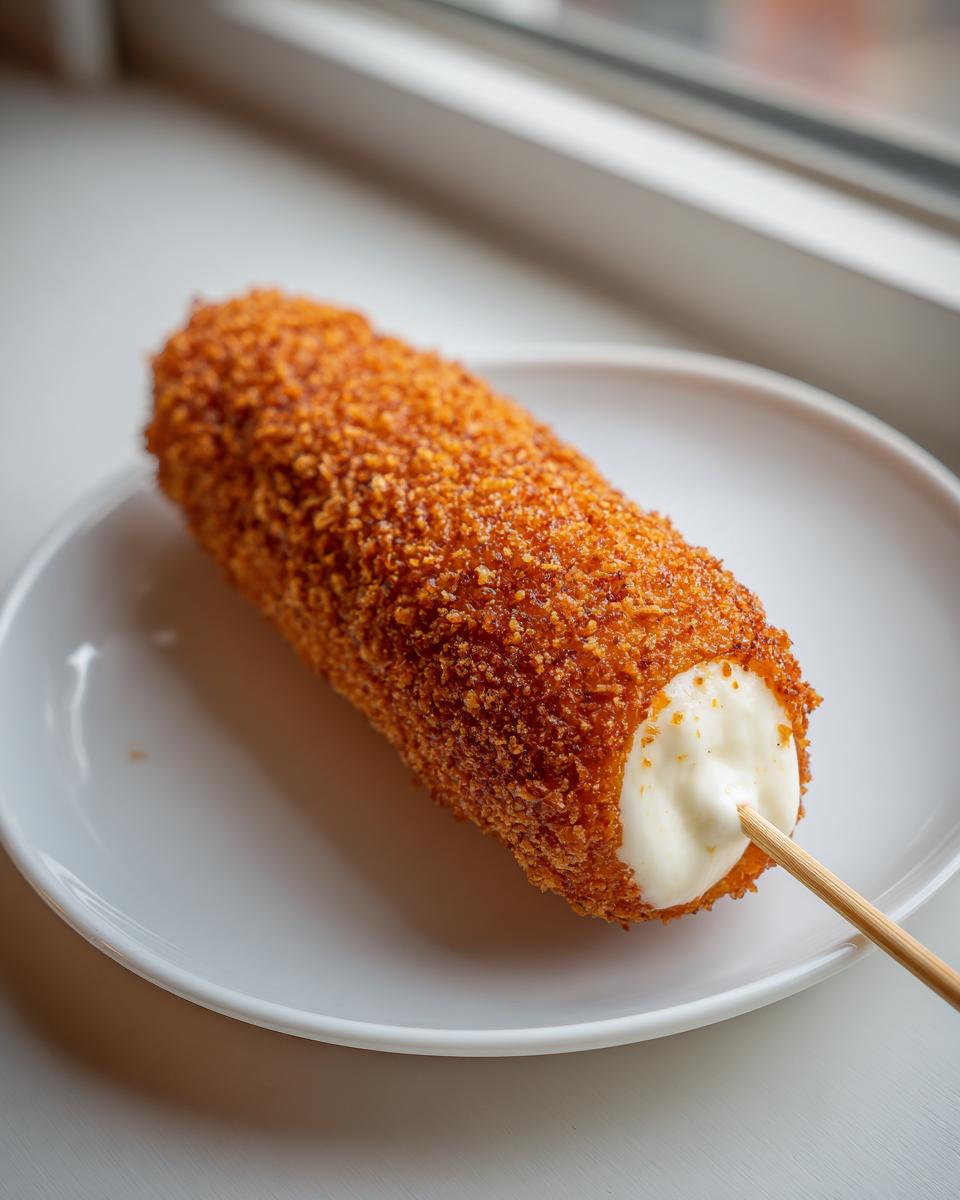 A close-up of a perfectly fried korean corn dog with a crunchy panko crust, showing a creamy mozzarella cheese pull on the end.