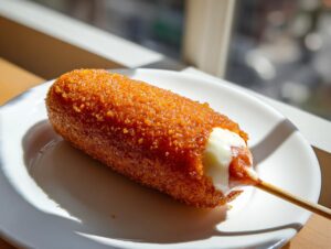 A close-up of a golden, crispy korean corn dog served on a white plate, showing melted cheese oozing out.