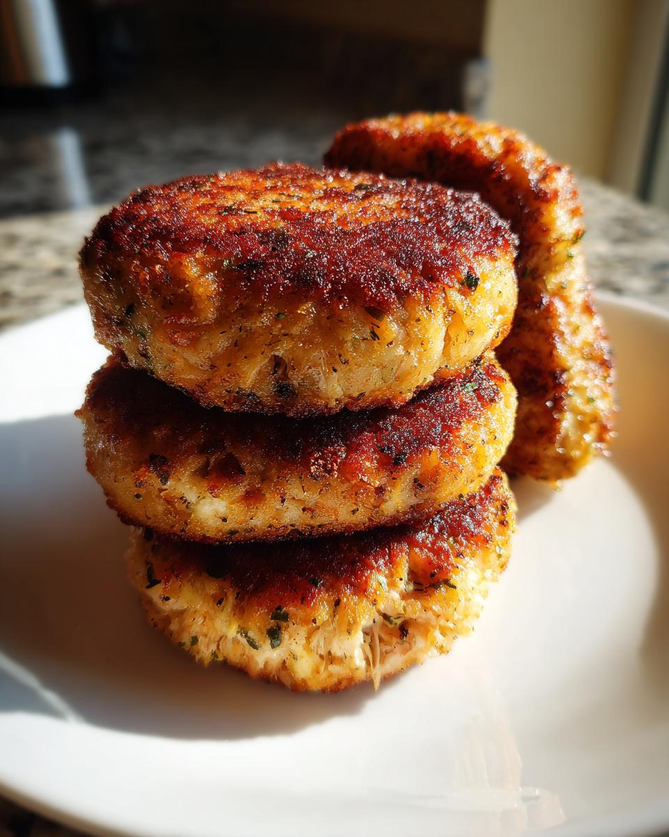 A stack of three perfectly browned, crispy salmon cakes sitting on a white plate.