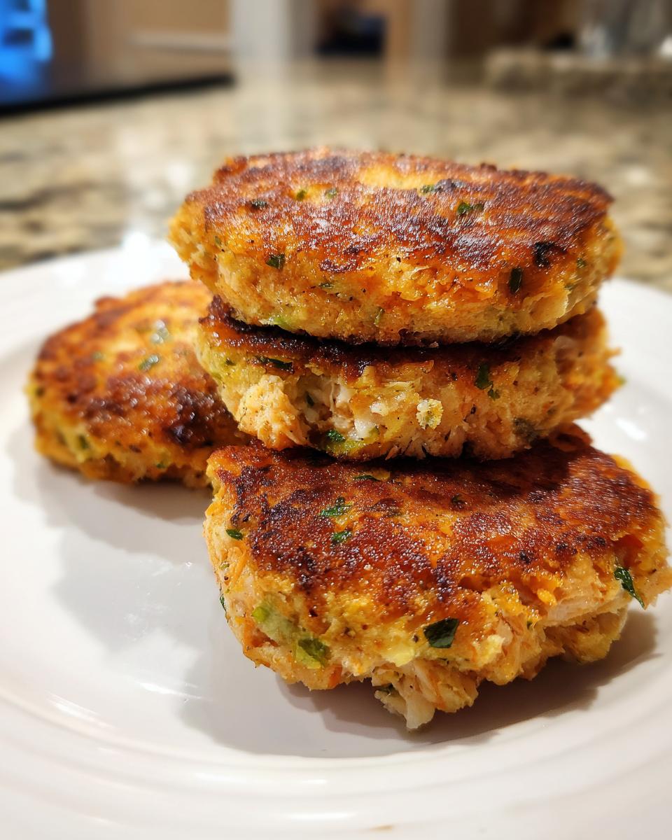 A stack of three golden-brown, crispy salmon cakes served on a white plate.