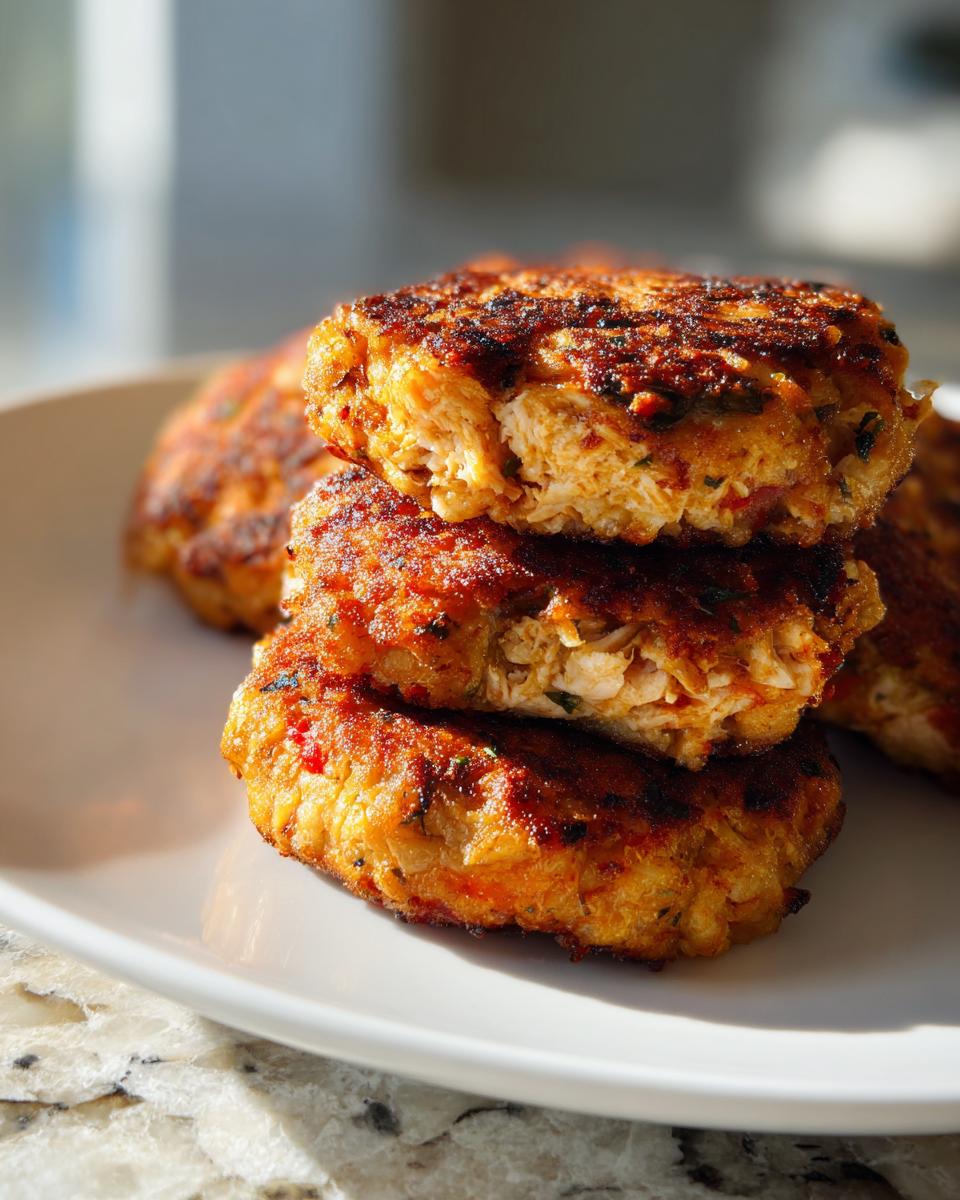A stack of three golden-brown, crispy salmon cakes, with the top one broken open to show the flaky interior.