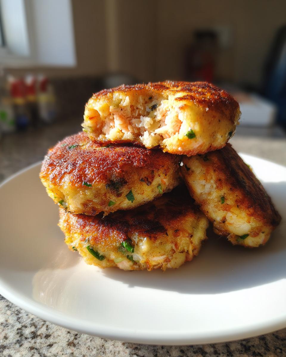 A stack of four golden-brown, crispy salmon cakes, with the top one broken open to show the flaky interior.