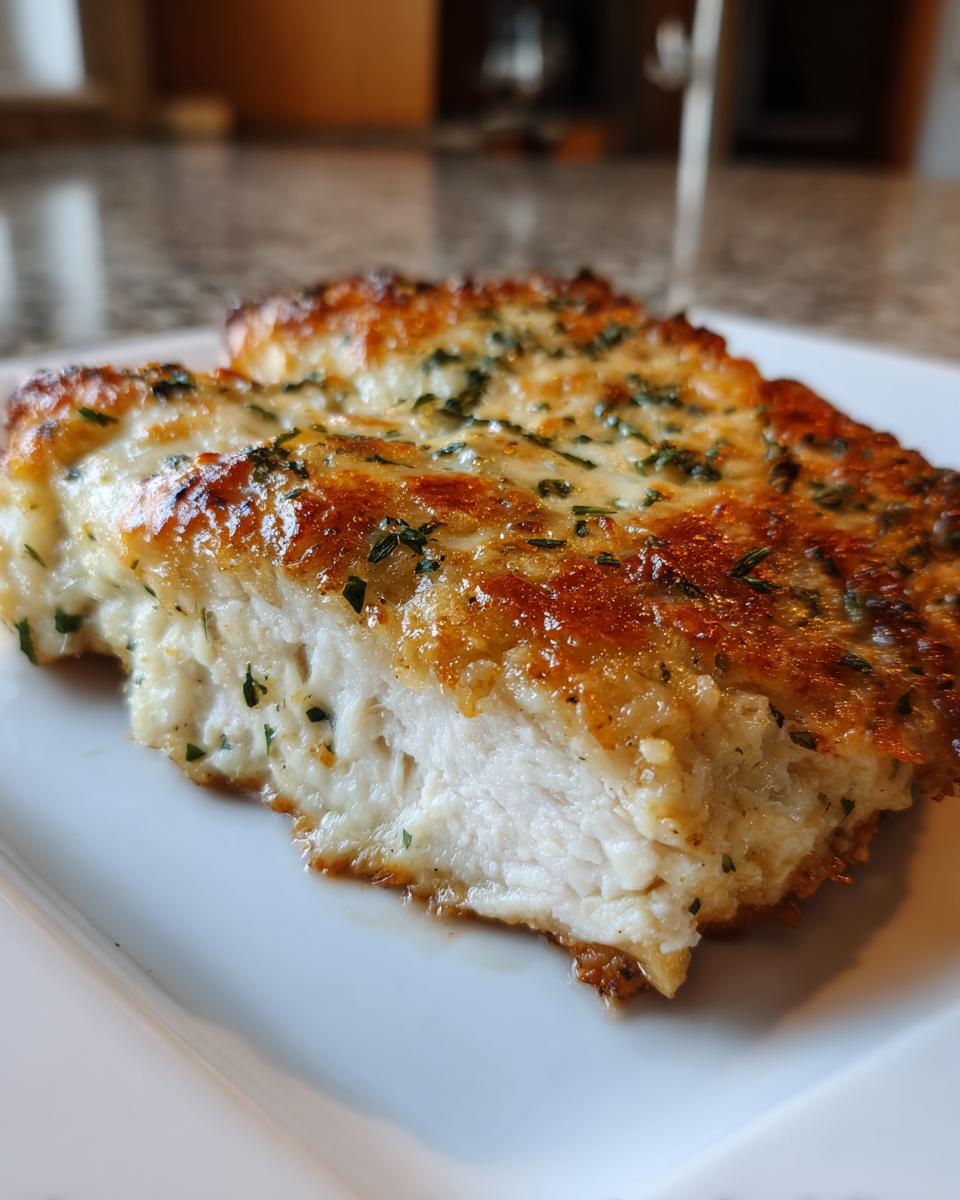 Close-up of a slice of baked ranch chicken showing the juicy white interior and golden, herbed crust.