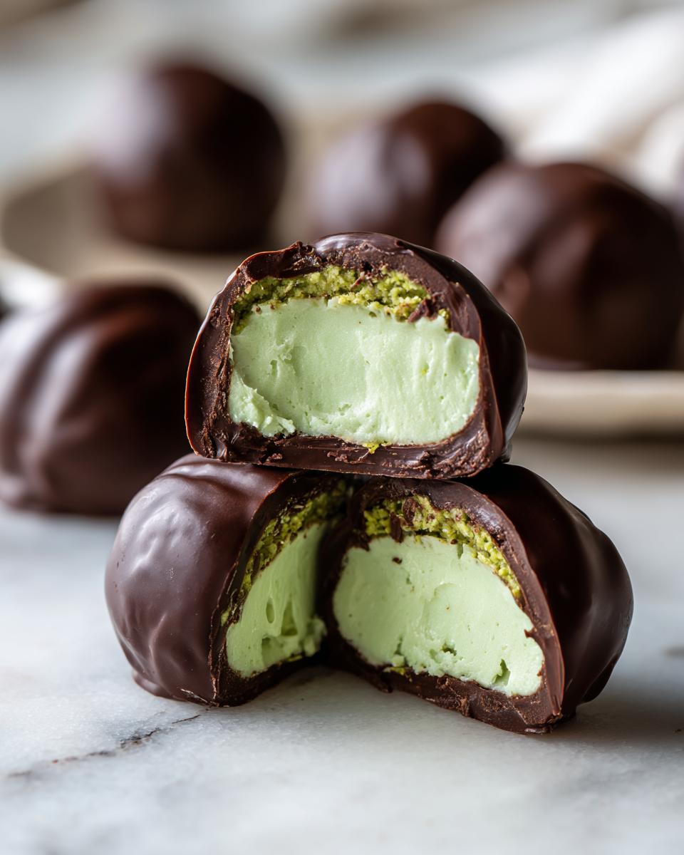 Close-up of dubai chocolate balls cut in half, revealing a creamy light green pistachio filling inside a dark chocolate shell.