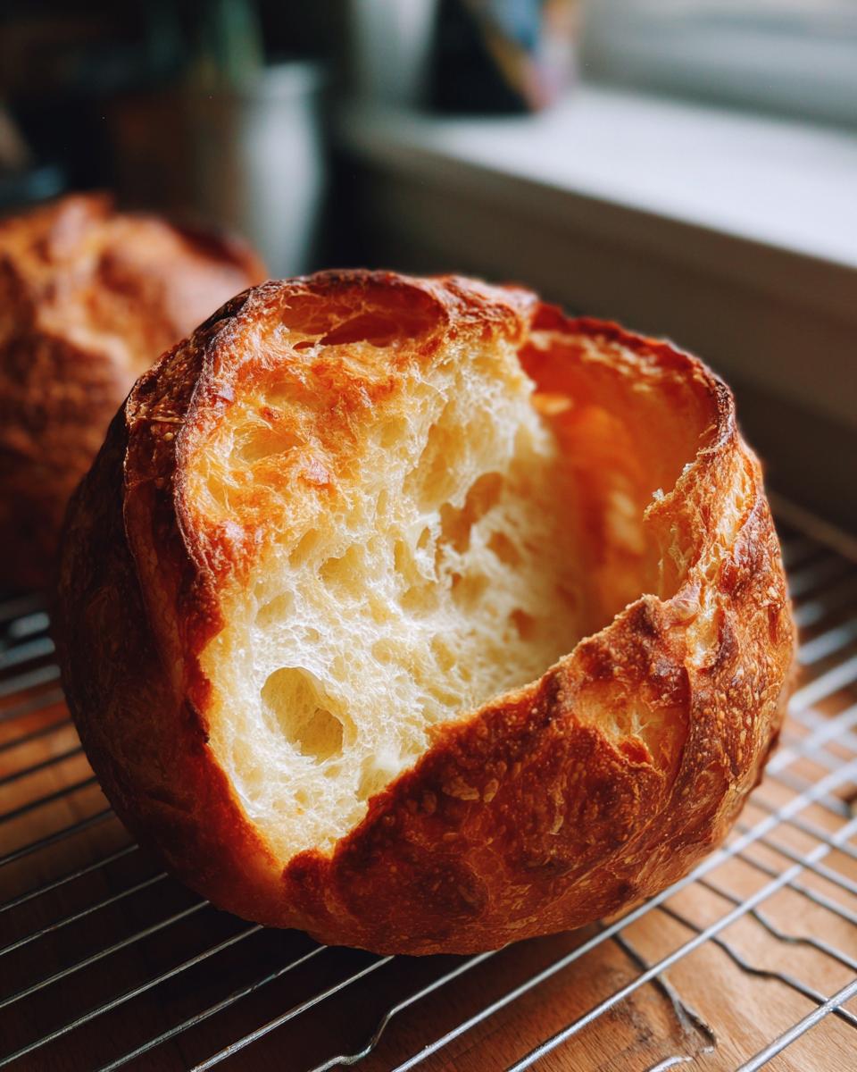 Close-up of a freshly baked, crusty bread bowl with the top removed, showing the airy interior crumb.
