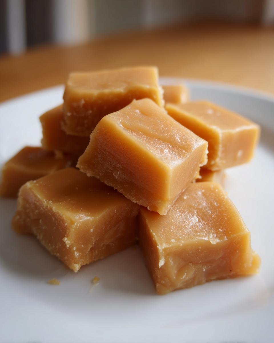 Close-up of several chewy cubes of homemade caramel stacked on a white plate.
