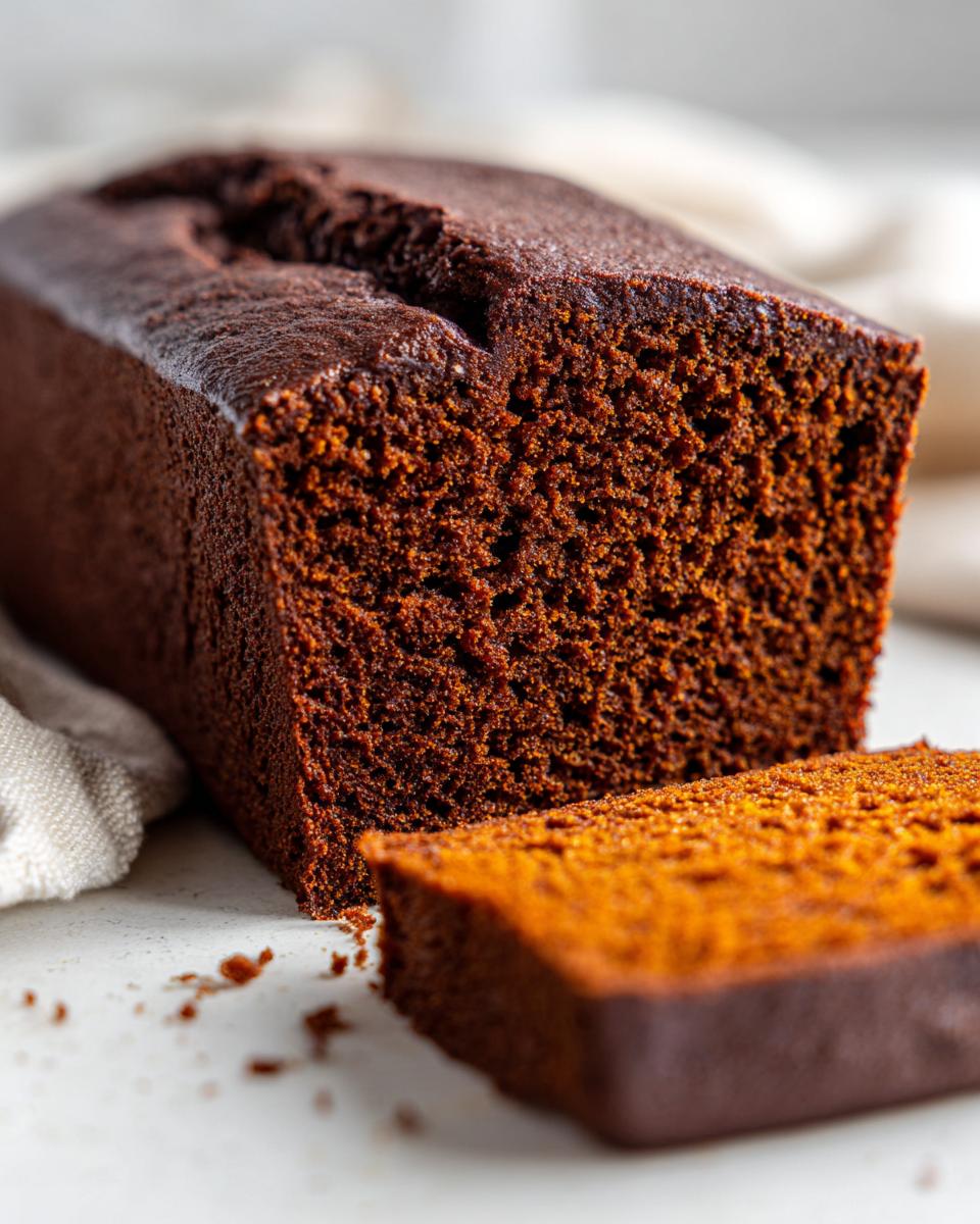 Close-up of a dark, moist loaf of pumpkin bread with one slice cut and resting in front.
