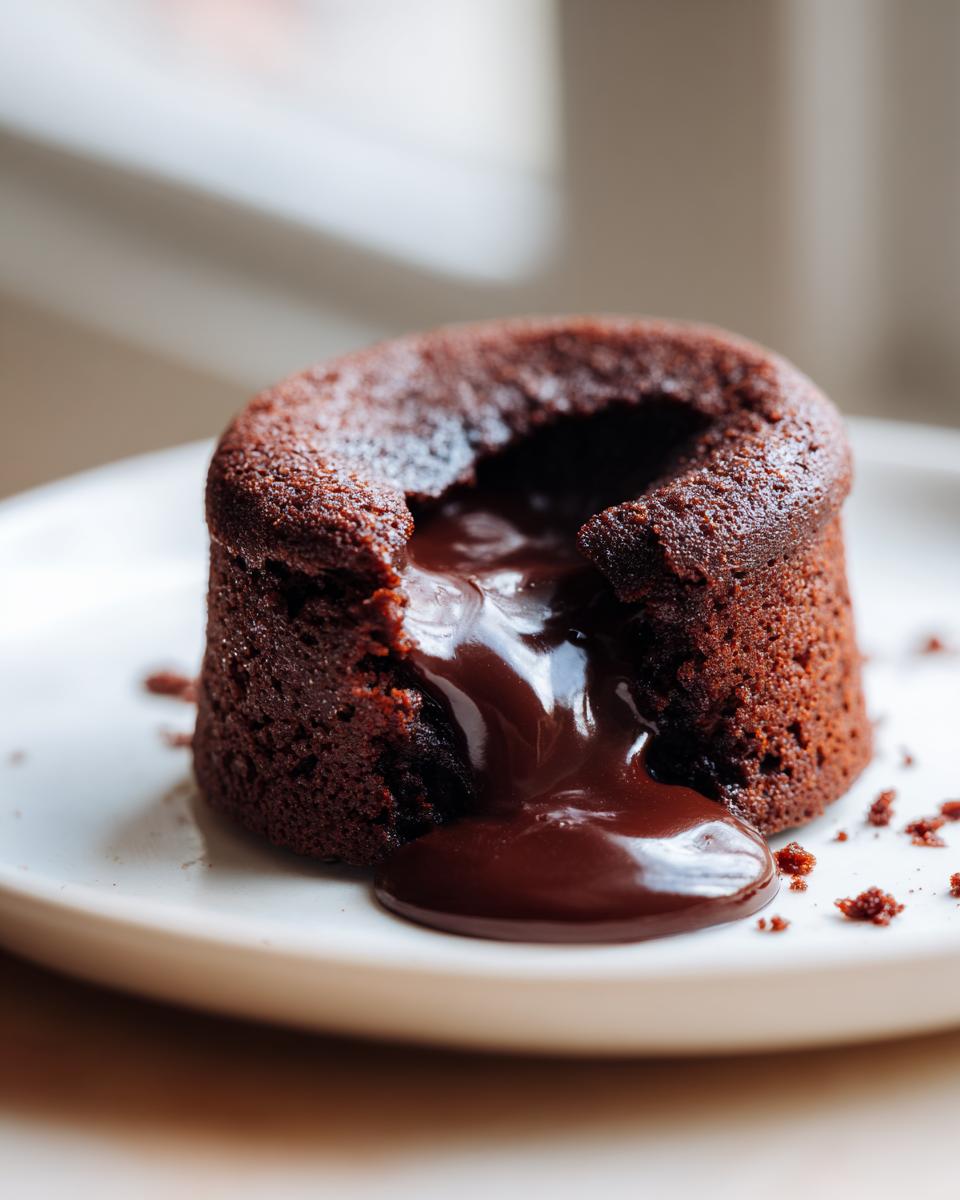 Close-up of a rich chocolate lava cake with molten chocolate oozing out onto a white plate.