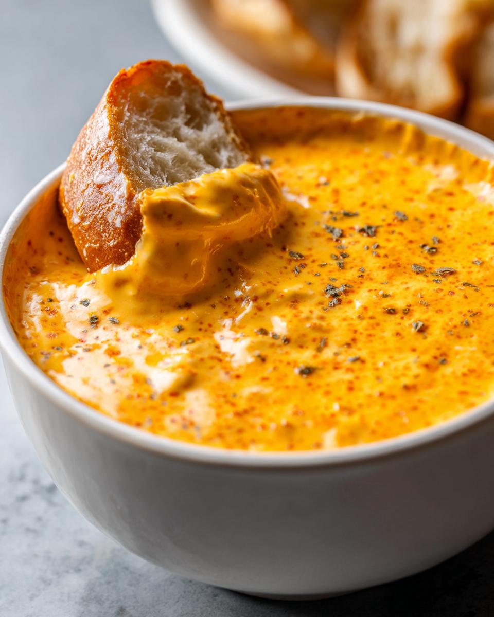Close-up of a piece of crusty bread being dipped into a bowl of creamy, orange beer cheese pub dip.