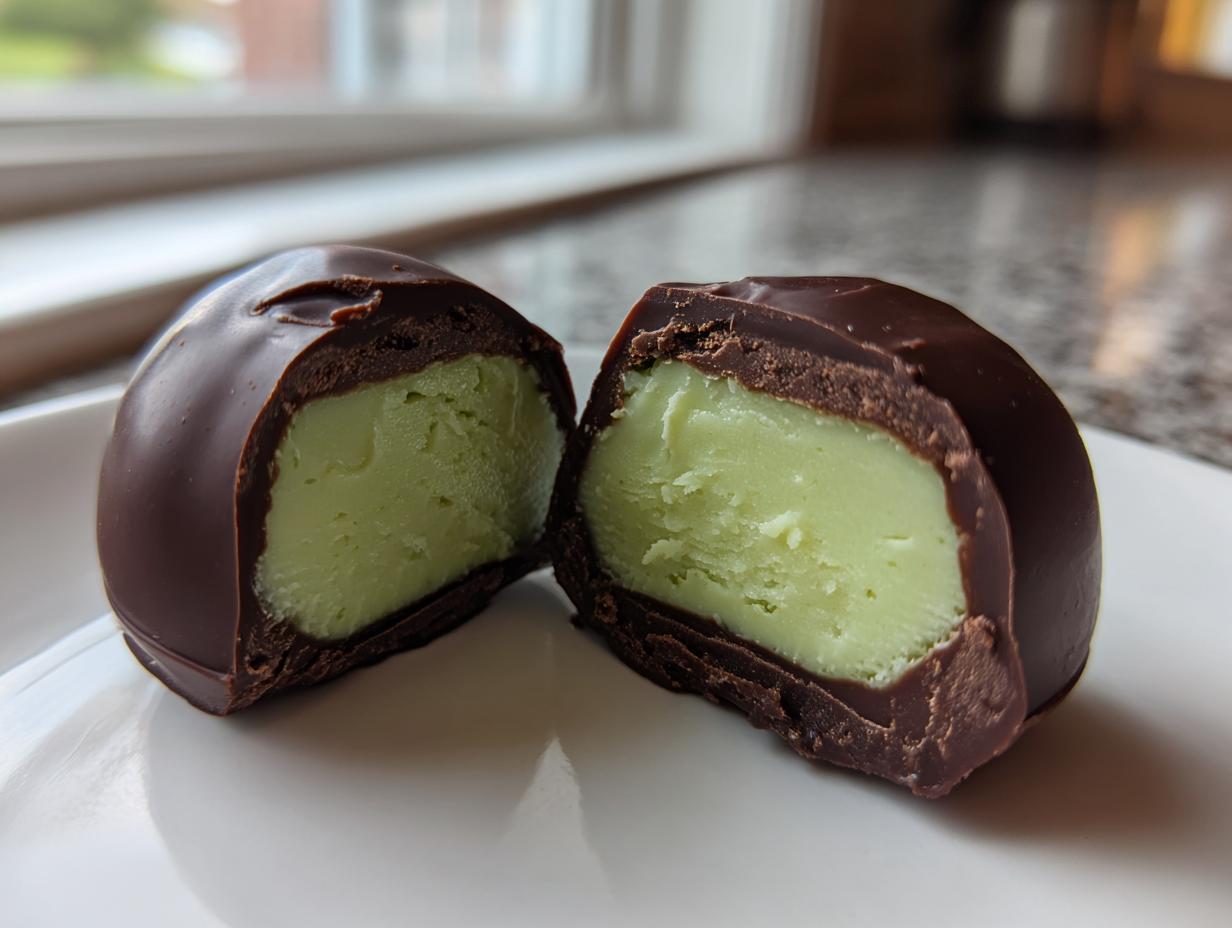 A dubai chocolate balls treat cut in half, showing a thick, light green creamy filling surrounded by dark chocolate coating.