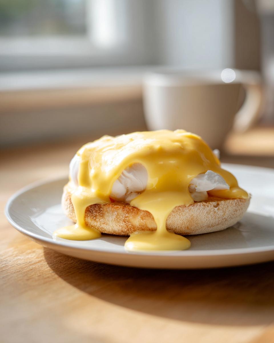 A perfectly poached egg on an English muffin smothered in rich, yellow hollandaise sauce.