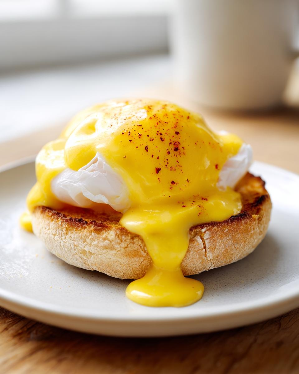 Close-up of Eggs Benedict featuring a poached egg smothered in bright yellow hollandaise sauce on an English muffin.