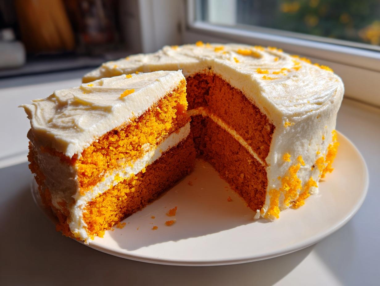 A two-layer Creamsicle Cake with vibrant orange layers and thick white frosting, featuring a slice cut out.