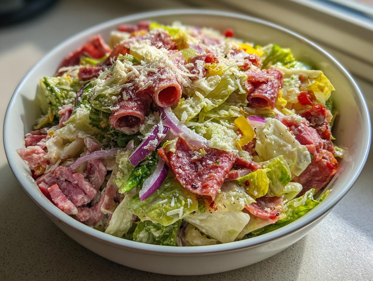 A white bowl filled with a vibrant grinder salad featuring lettuce, rolled salami, red onion, and grated Parmesan cheese.
