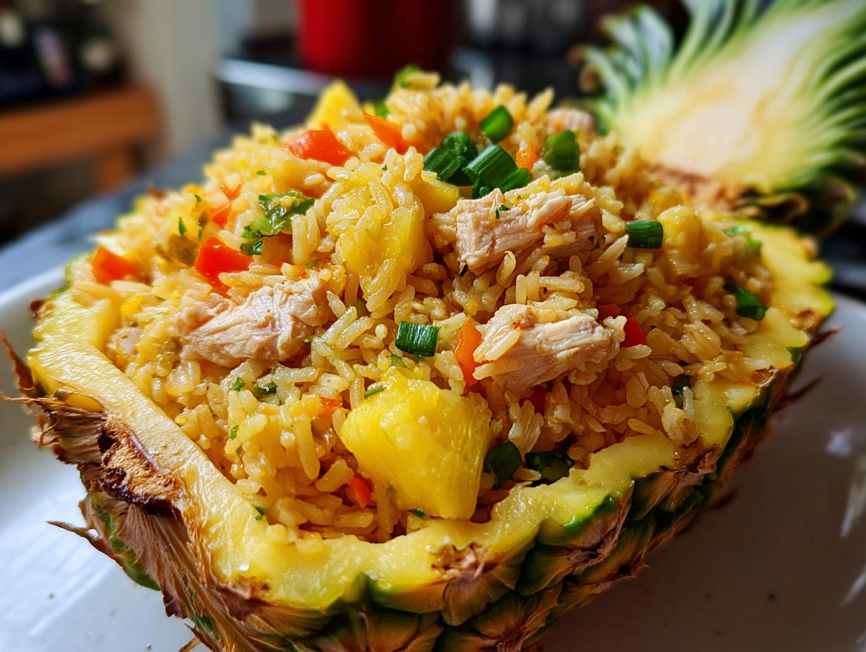 Close-up of delicious pineapple fried rice served dramatically inside a hollowed-out pineapple half.