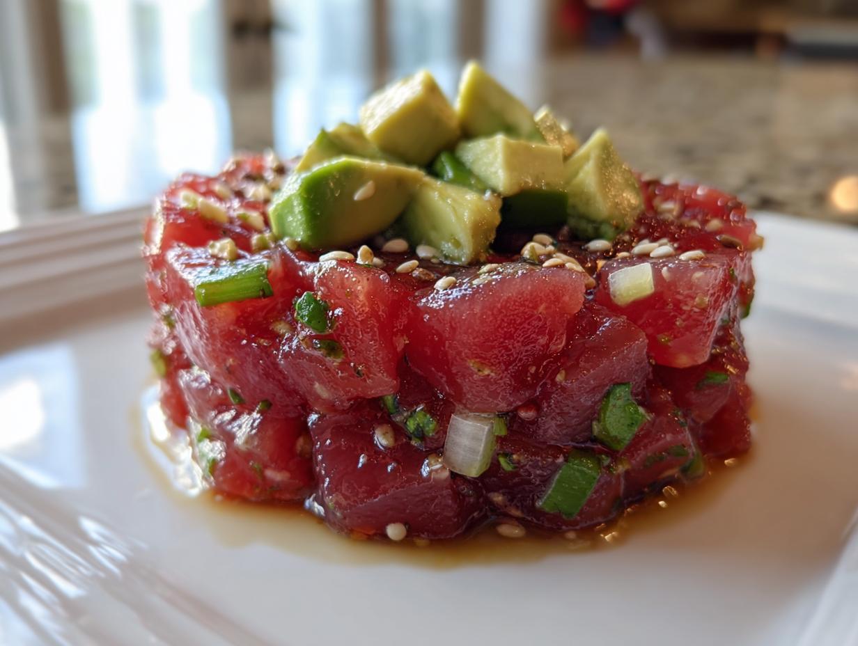Close-up of a perfectly formed tower of fresh tuna tartare, topped with diced avocado and sesame seeds.