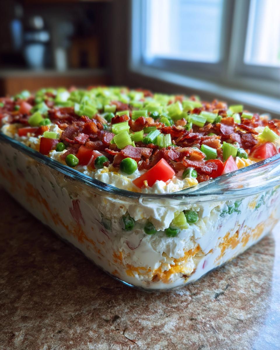 A close-up of a fully assembled 7 layer salad in a clear glass dish, topped with bacon, celery, and tomatoes.