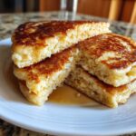 Close-up of fluffy almond flour pancakes stacked and cut, showing the texture and drizzled with syrup.