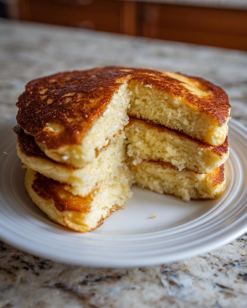 A stack of three fluffy almond flour pancakes with a piece cut out, showing the soft interior texture.