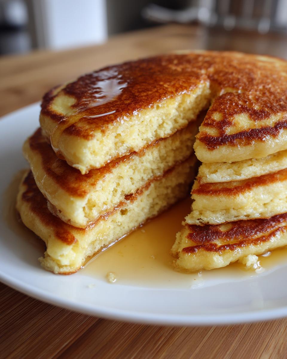 A tall stack of golden brown almond flour pancakes, cut to show the fluffy interior, drizzled generously with maple syrup.