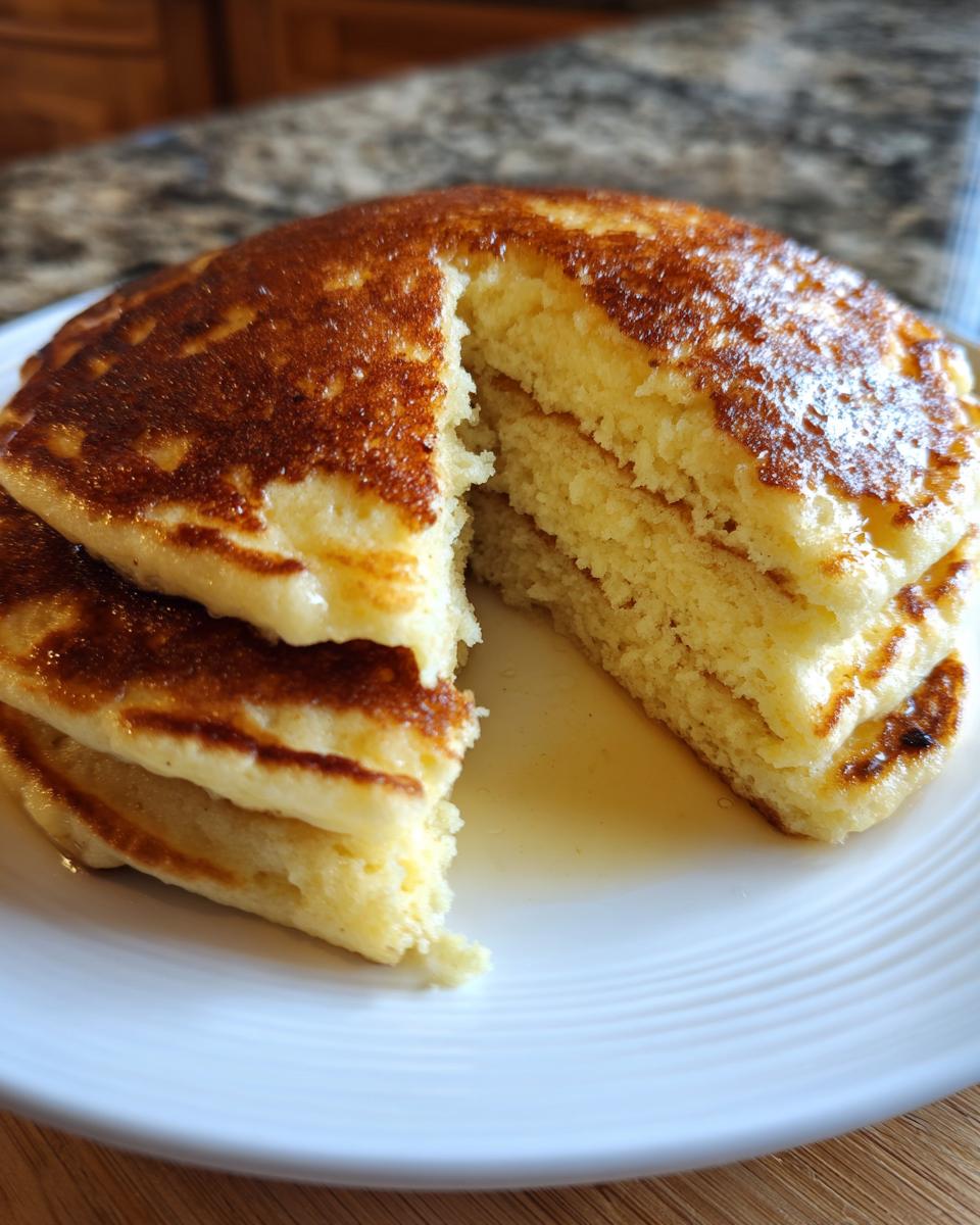 Close-up of a stack of fluffy almond flour pancakes with a slice cut out, showing the texture and syrup.