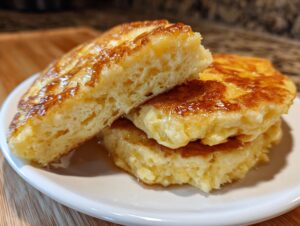 Close-up of fluffy almond flour pancakes stacked on a white plate, drizzled generously with golden syrup.