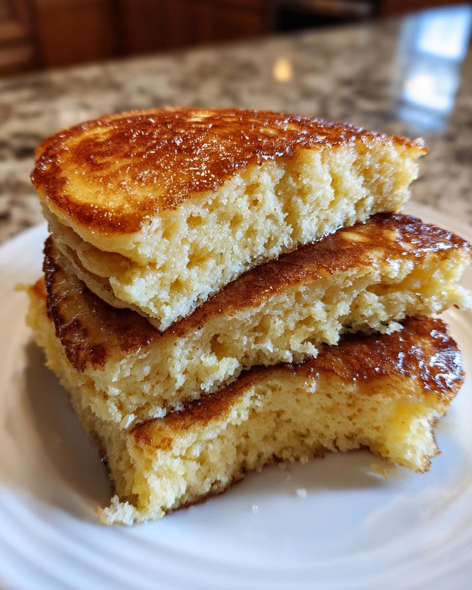 Close-up of three thick almond flour pancakes stacked, showing their fluffy interior texture and golden-brown, syrupy tops.