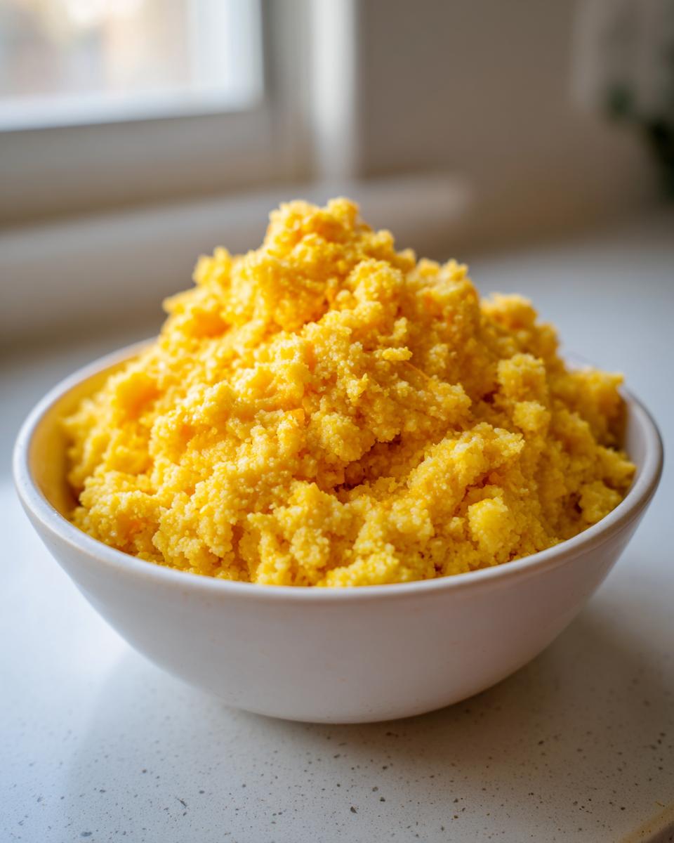 A close-up of a white bowl overflowing with bright yellow, fluffy cheese grits.