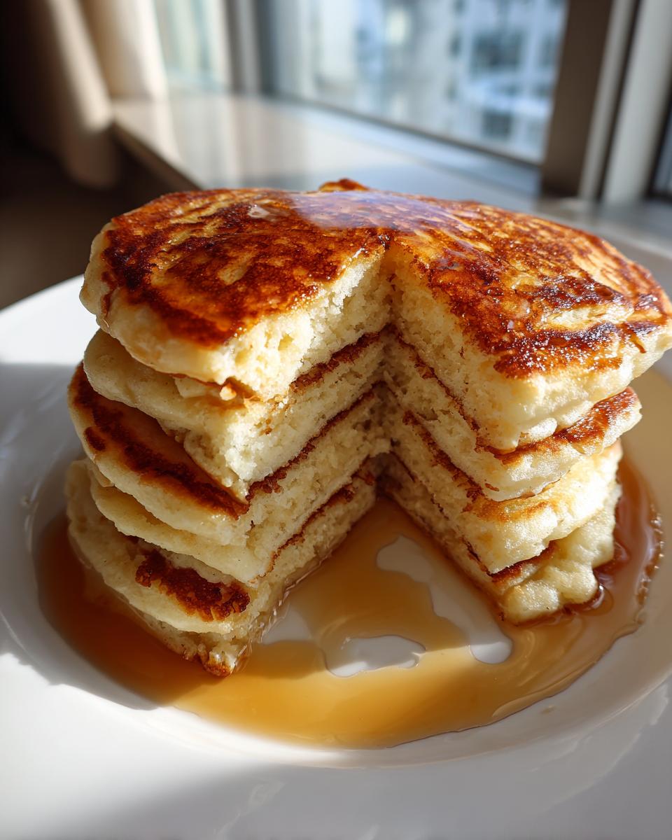 A tall stack of fluffy coconut flour pancakes, cut to show the interior texture, drizzled generously with maple syrup.